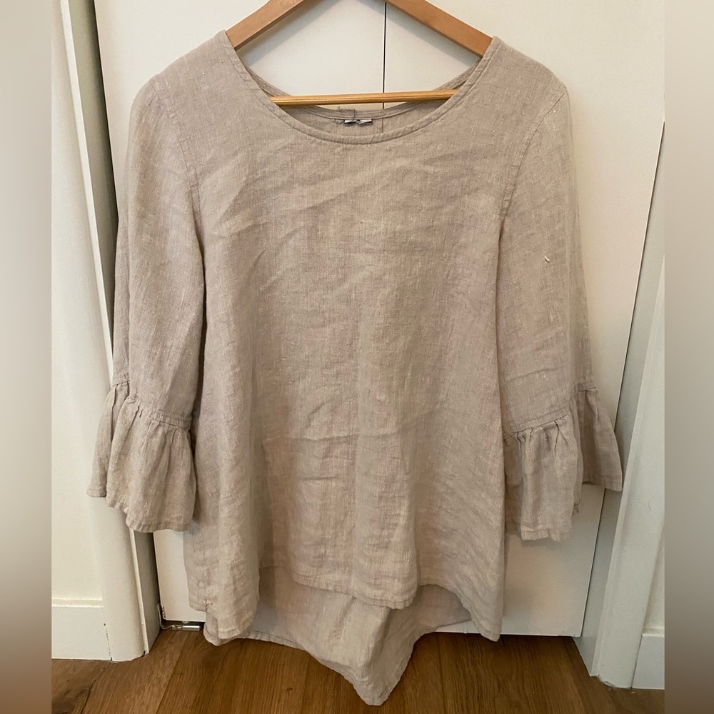 Linen Beige Blouse with Ruffled Flared Sleeves
